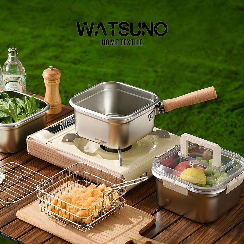 Watsuno.【หม้อทอดแบบมีด้ามจับถอดออกได้ 】กระทะ สแตนเลส พร้อมที่ใส่คลิปหนีบ ตะกร้าทอด อุปกรณ์เครื่องครัว พกพาได้
