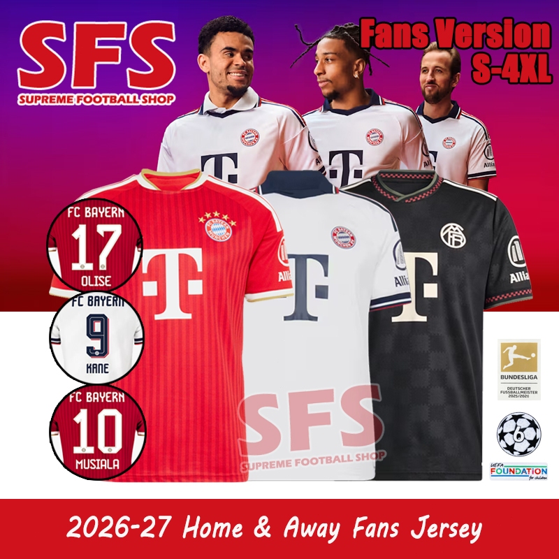 SFS คุณภาพสูง 26-27 บาเยิร์นฟุตบอลเสื้อฟุตบอลเสื้อกีฬาแฟนรุ่น Home Away Third S-4XL