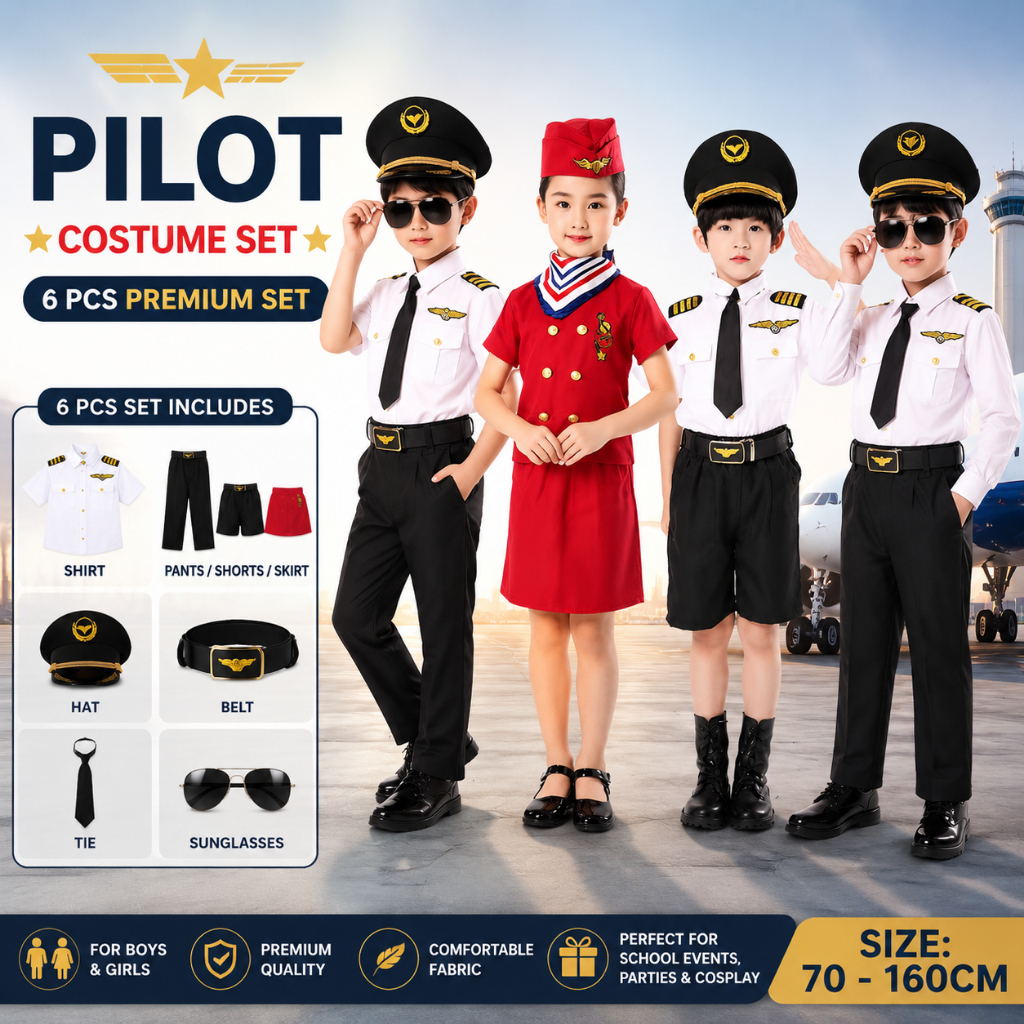 Congme Airline Pilot Captain เครื่องแต่งกายสําหรับเด็ก 6 ชิ้นชุดยาว/แขนสั้นเสื้อกางเกงหมวกเข็มขัด Tie แว่นตากันแดดเด็กบทบาทเล่นชุด Party คอสเพลย์