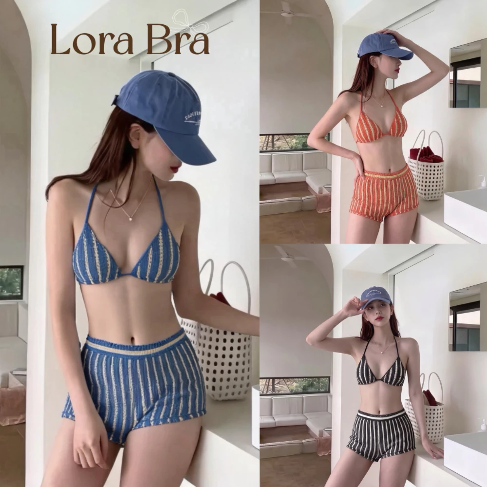 💙ส่งไวจากไทย🤍เซ็ตว่ายน้ำ 3 ชิ้น Crochet Bikini บิกินี่สายฝอ ลายทางสไตล์ สายผูกปรับระดับได้ โบฮีเมียน