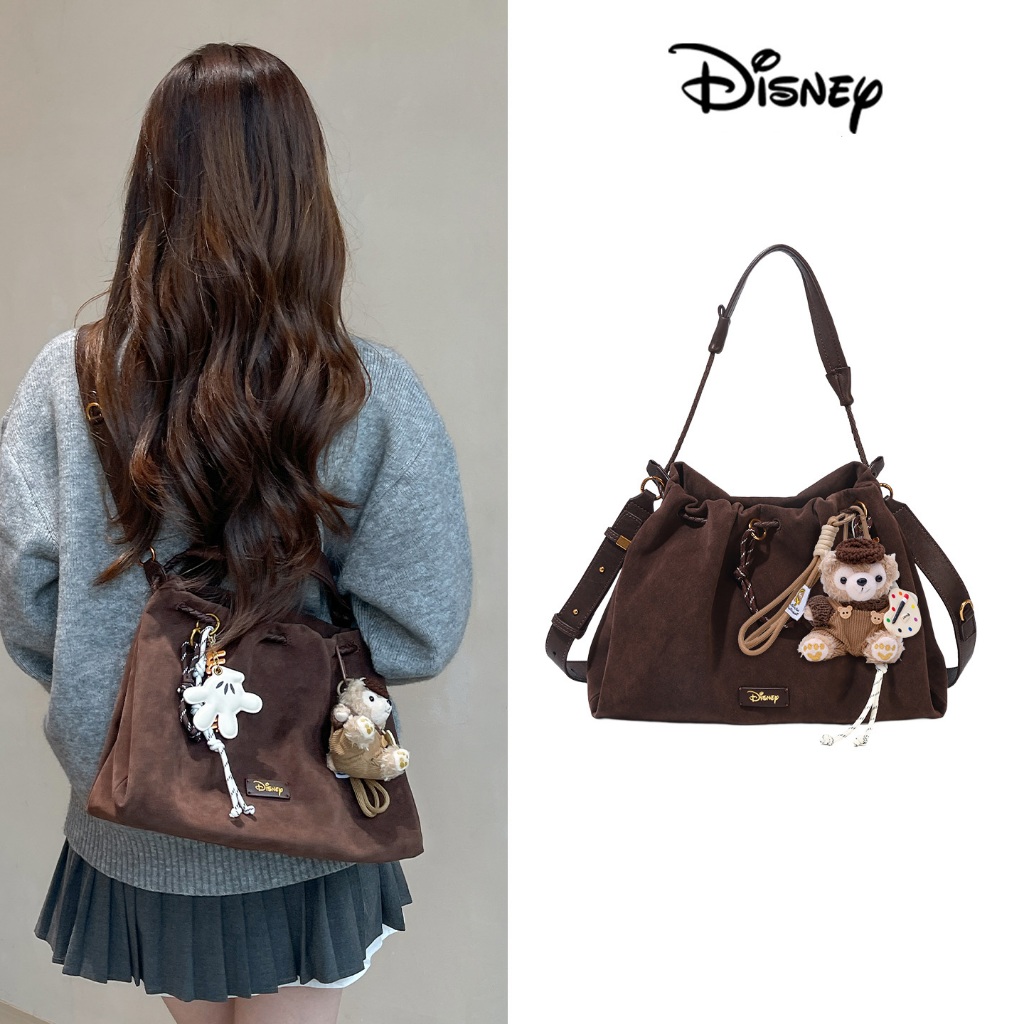 Disney Mickey Mouse Suede Hobo กระเป๋าผู้หญิง Vintage Suede หนังไหล่กระเป๋า Retro Drawstring Crossbody กระเป๋า Casual Tote Kpop สไตล์