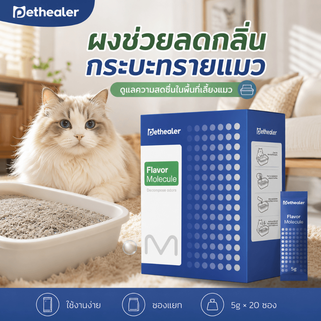 PETHEALER ผงลดกลิ่นกระบะทรายแมว ผงดูแลกลิ่นทรายแมว สูตรเอนไซม์ชีวภาพ ซองแยก 5g×20 ซอง 100g