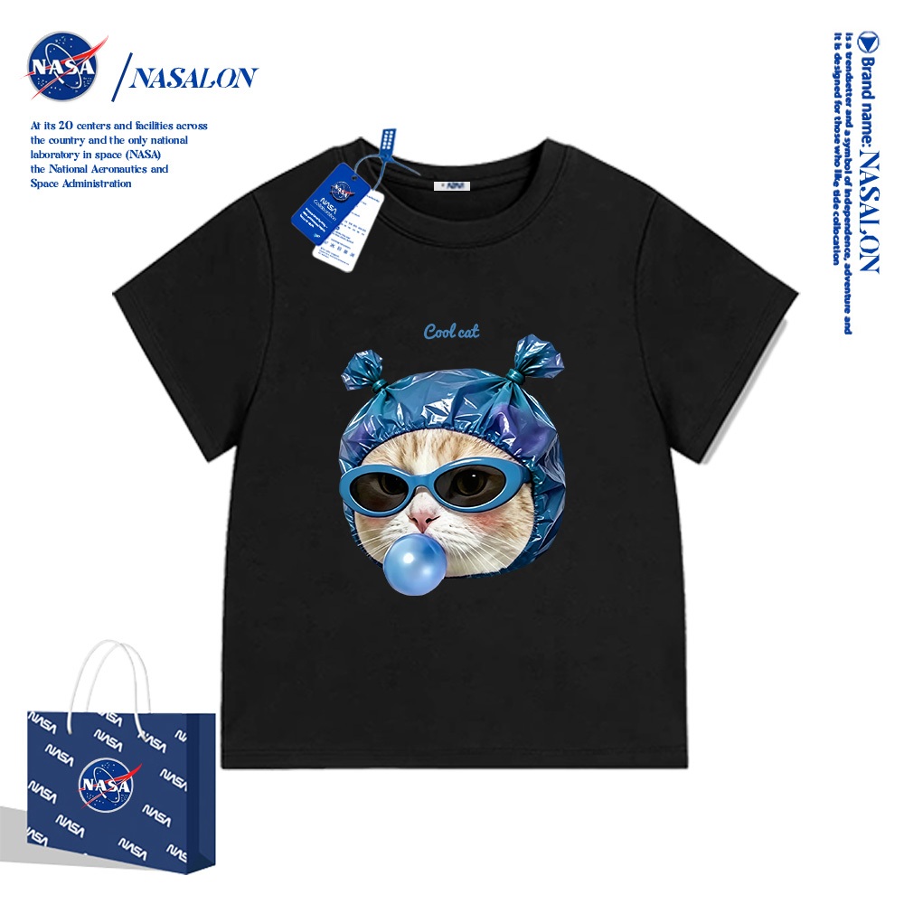 NASA เสื้อยืดเด็กไสตล์เกาหลี ผ้าฝ้าย 100% เสื้อยืดคอกลม ลายลูกแมว 👶cool สำหรับทั้งชายและหญิง อายุ 2-12 ปี