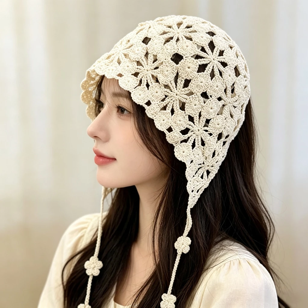 หมวกเบเร่ต์ถักสีขาวลายดอกไม้ สไตล์เกาหลี ใส่ได้ทั้งฤดูหนาวและฤดูใบไม้ผลิ แฟชั่นหวาน น่ารัก