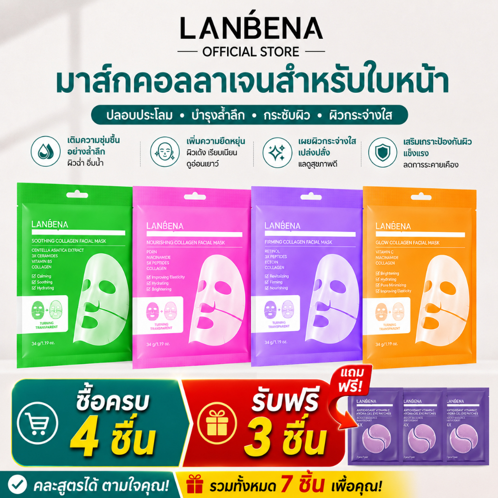 LANBENA Collagen Facial Mask 4PCS - Brightening Hydrating Pore Minimizing Transparent Jelly Sheet Mask Moisturizing Skincare Face Mask
