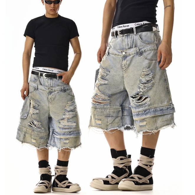 Baolongxin American-Style Retro Washed Ripped Denim Cropped Pants
