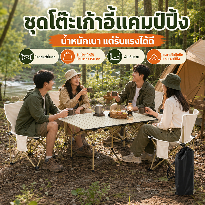 โต๊ะแคมป์ปิ้ง พับได้ โครงขาแขวางทนทาน ทนน้ำหนัก 150 กก. ท่อหนา เช็ดทำความสะอาดง่าย