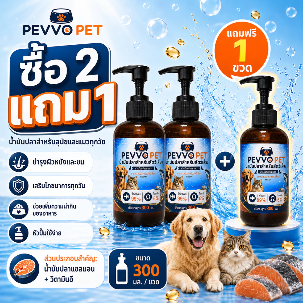 【ซื้อ 2 แถม 1】PEVVO PET น้ำมันปลาแซลมอน 99% สำหรับสุนัขและแมว บำรุงขนผิวหนัง ลดขนร่วง ผิวแห้งคัน เสริมโภชนาการทุกมื้อ Omega-6 วิตามินอี 300ml พร้อมปั๊ม