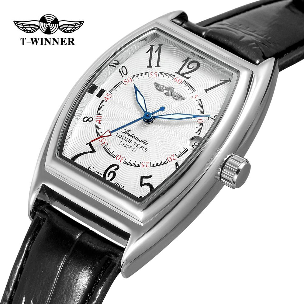 T-Winner Mechanical Automatic Watch Mens Fashion Casual Bucket Shaped Leather Strap Watch. ของขวัญสํ