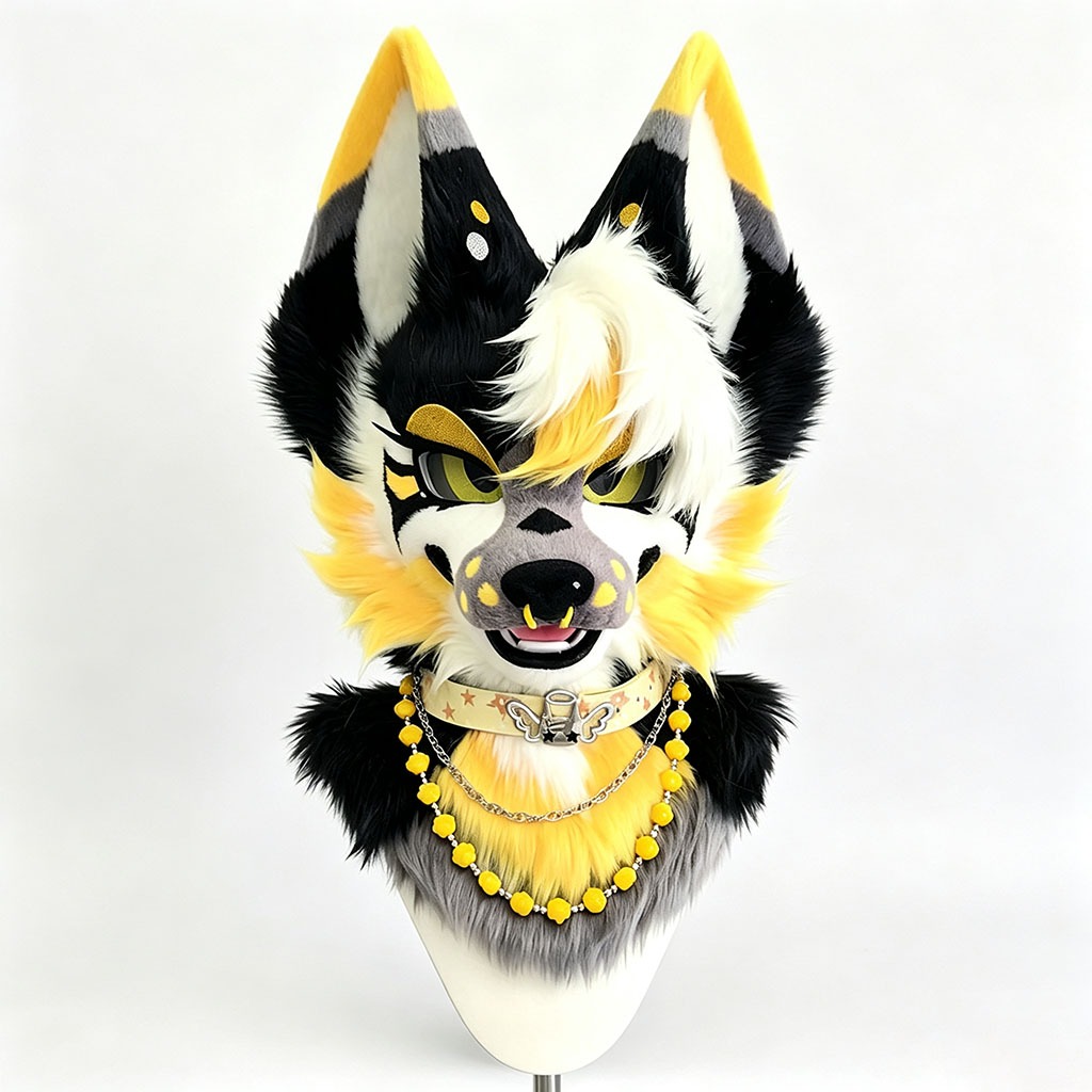 Handmade Wolf Fursuit หัวบางส่วน,สีเหลืองสีดําสีขาว Tony Furry Mask,คอสเพลย์สําหรับ Convention,Furry