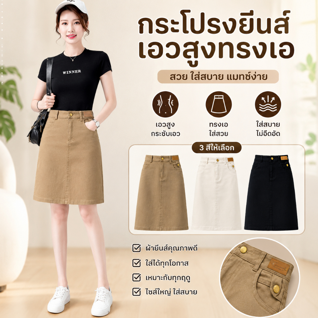 กระโปรงยีนส์ผู้หญิง เอวสูง ทรงเอ ผ่าหน้า ทรงสวย สไตล์เกาหลี พลัสไซซ์