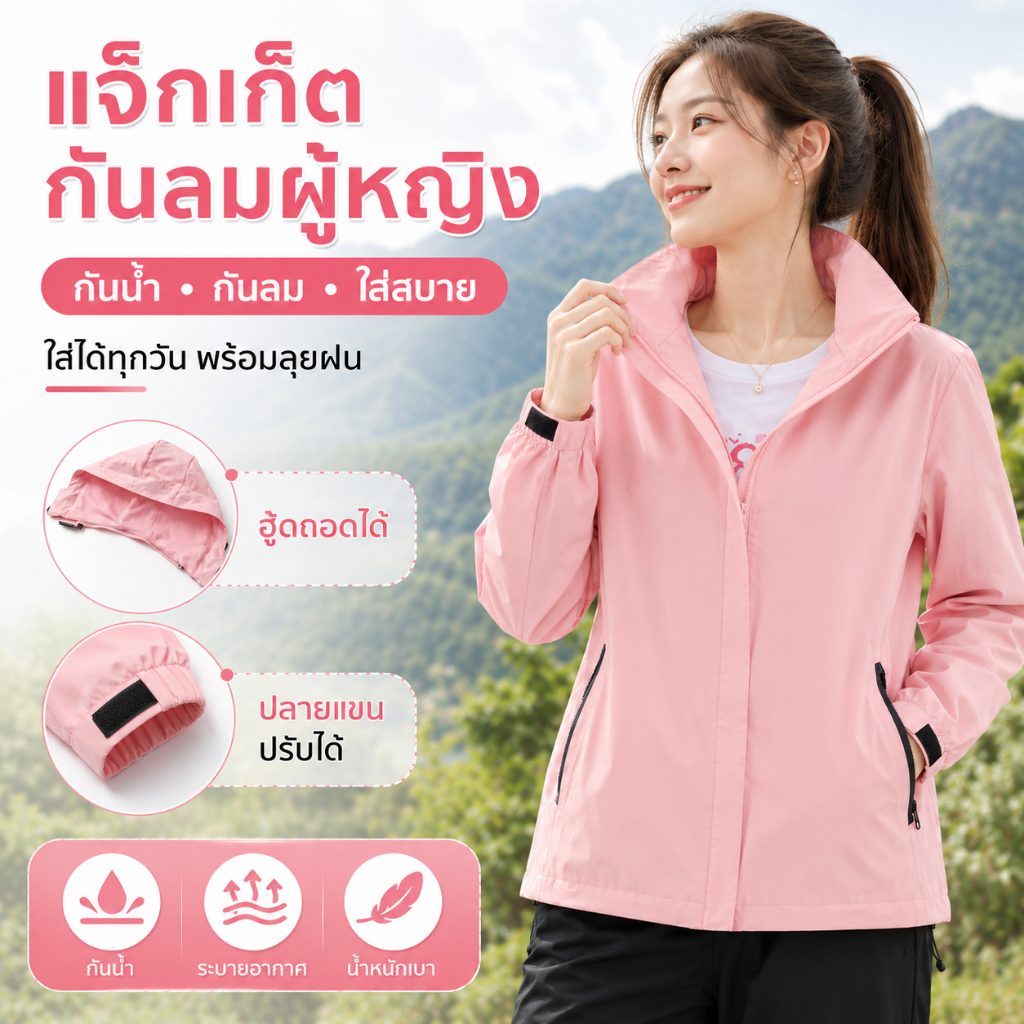 แจ็คเก็ตผ้าร่ม มีฮู้ด กันลม กันแดด เสื้อแจ็คเก็ตผู้หญิง เนื้อผ้า2ชั้น มีกระเป๋าหน้า ซิปซ่อน แจ็คเก็ต