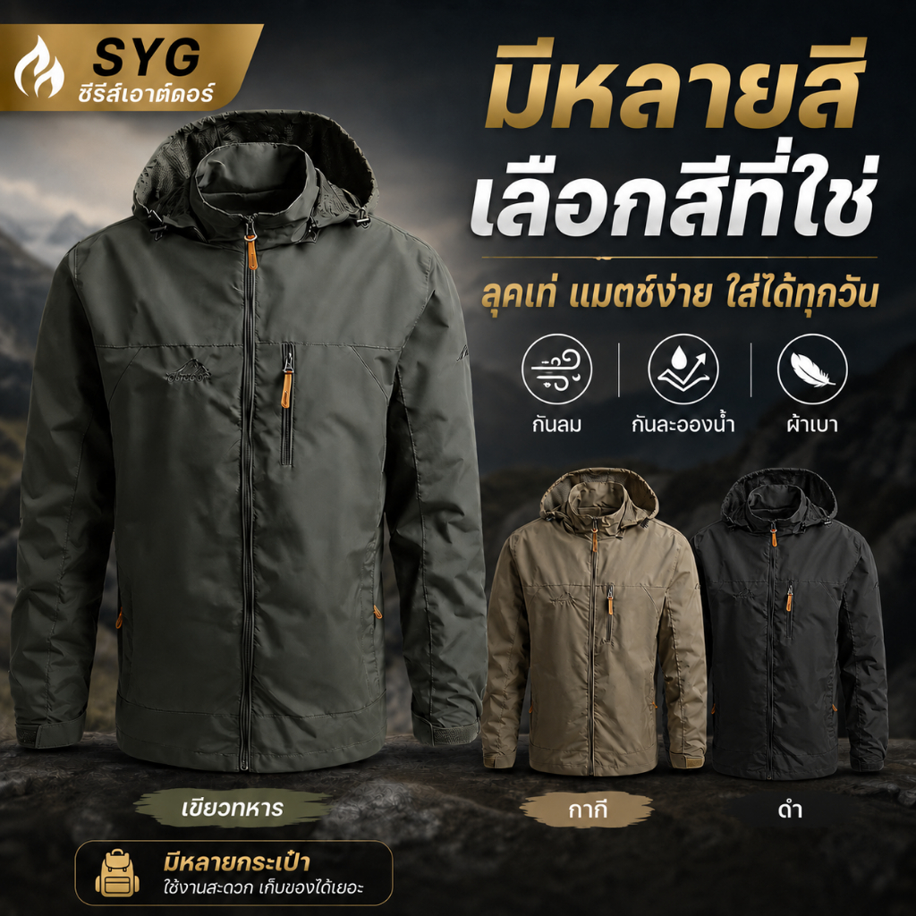 กลางแจ้ง เสื้อแจ็คเก็ตผู้ชาย กันน้ำ กันลม กันแดด เสื้อแจ็คเก็ตเดินป่า มีฮู้ด แจ็คเก็ตผ้าร่ม มีฮู้ด