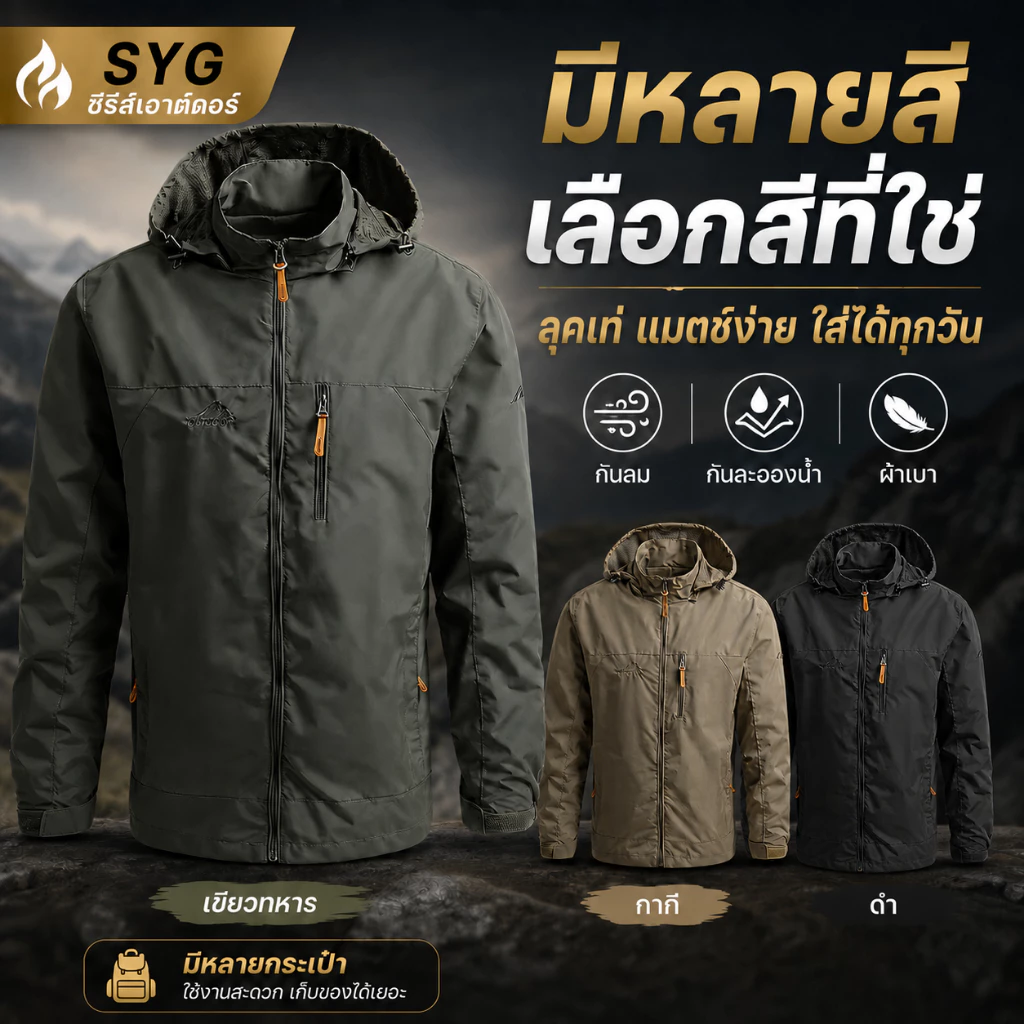 กลางแจ้ง เสื้อแจ็คเก็ตผู้ชาย กันน้ำ กันลม กันแดด เสื้อแจ็คเก็ตเดินป่า มีฮู้ด แจ็คเก็ตผ้าร่ม มีฮู้ด