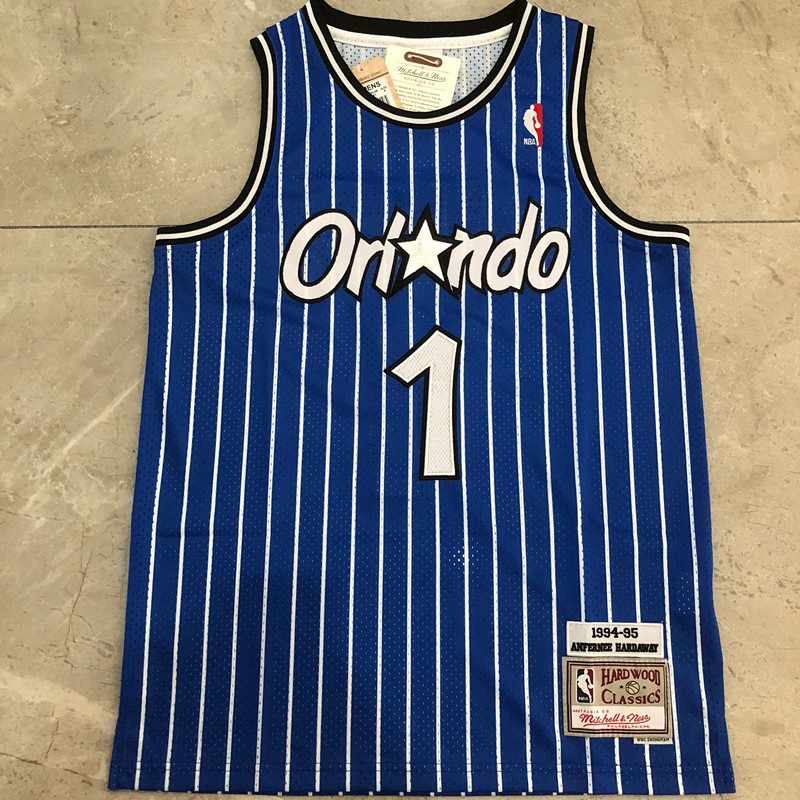 ผู้ชายประณีตเย็บปักถักร้อยJersey Orlando Magic Anfernee Hardaway 1 Mitchell Ness 1994-95 ไม้เนื้อแข็
