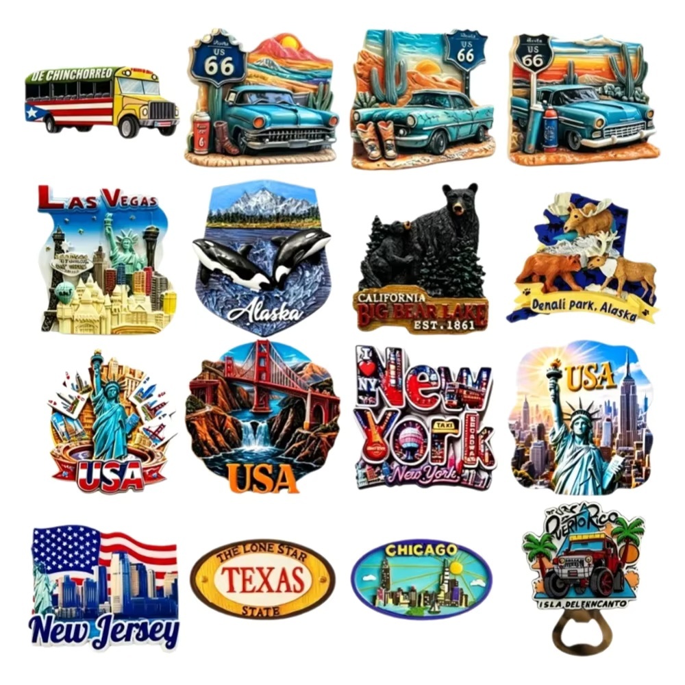 USA Travel ของที่ระลึกแม่เหล็กติดตู้เย็น 3D เรซินเส้นทาง 66 นิวยอร์ก Alaska Las Vegas Texaago รูปปั้