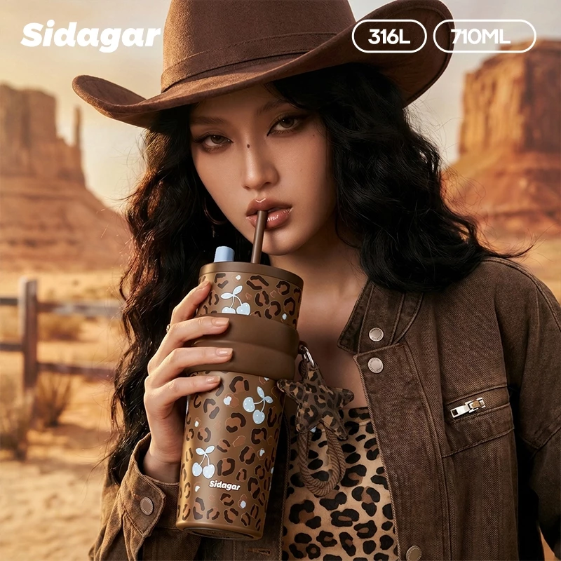 Sidagar แก้วเก็บความเย็น 710มล เคลือบเซรามิก พร้อมหลอดดูด แก้วน้ํา พร้อมสายสะพาย ลายเสือดาว แก้วเก็บอุณหภูมิ