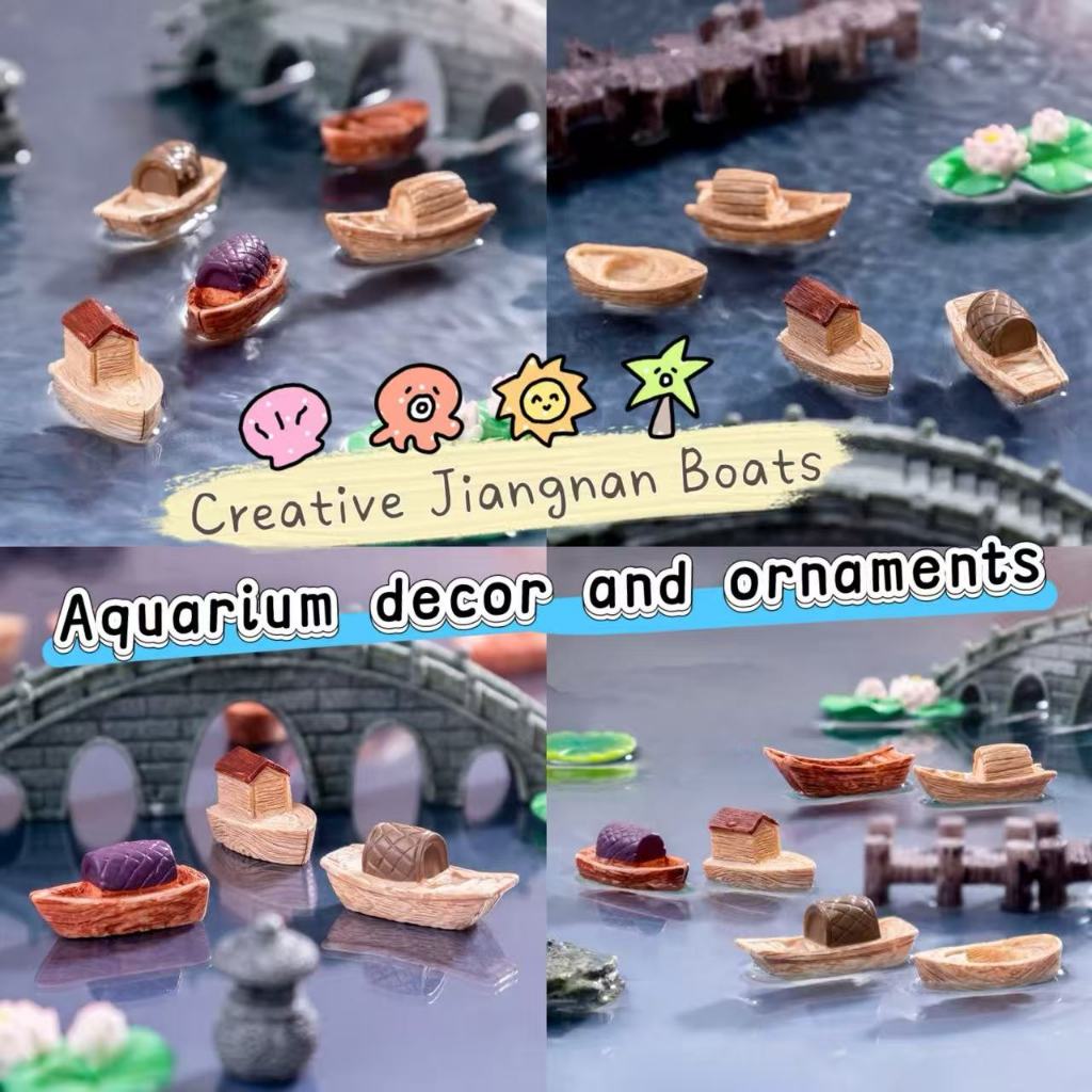 Creative Jiangnan เรือหลังคาสีดําเรือตกปลาเรือ Aquascaping เครื่องประดับ Moss Micro ภูมิทัศน์ตกแต่งสวน DIY มินิเครื่องประดับบอนไซตกแต่งงานฝีมือเรซิน