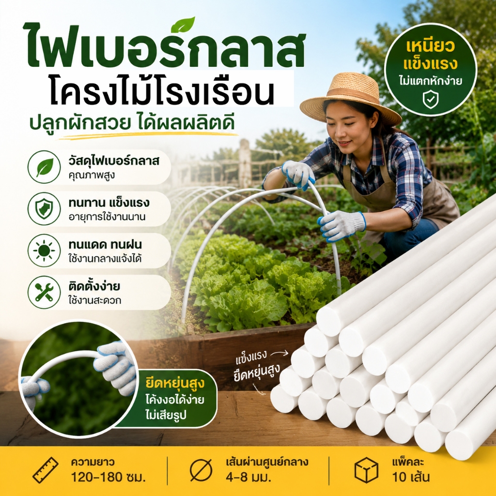 เส้นผ่านศูนย์กลาง 4/6/8 มม. (แท่งกลมตัน)GLASS FIBER TUBE  120/150/180cm ไม้ค้ำต้นไม้ หลักไม้เลื้อย เสา แพ็คละ10ชิ้น