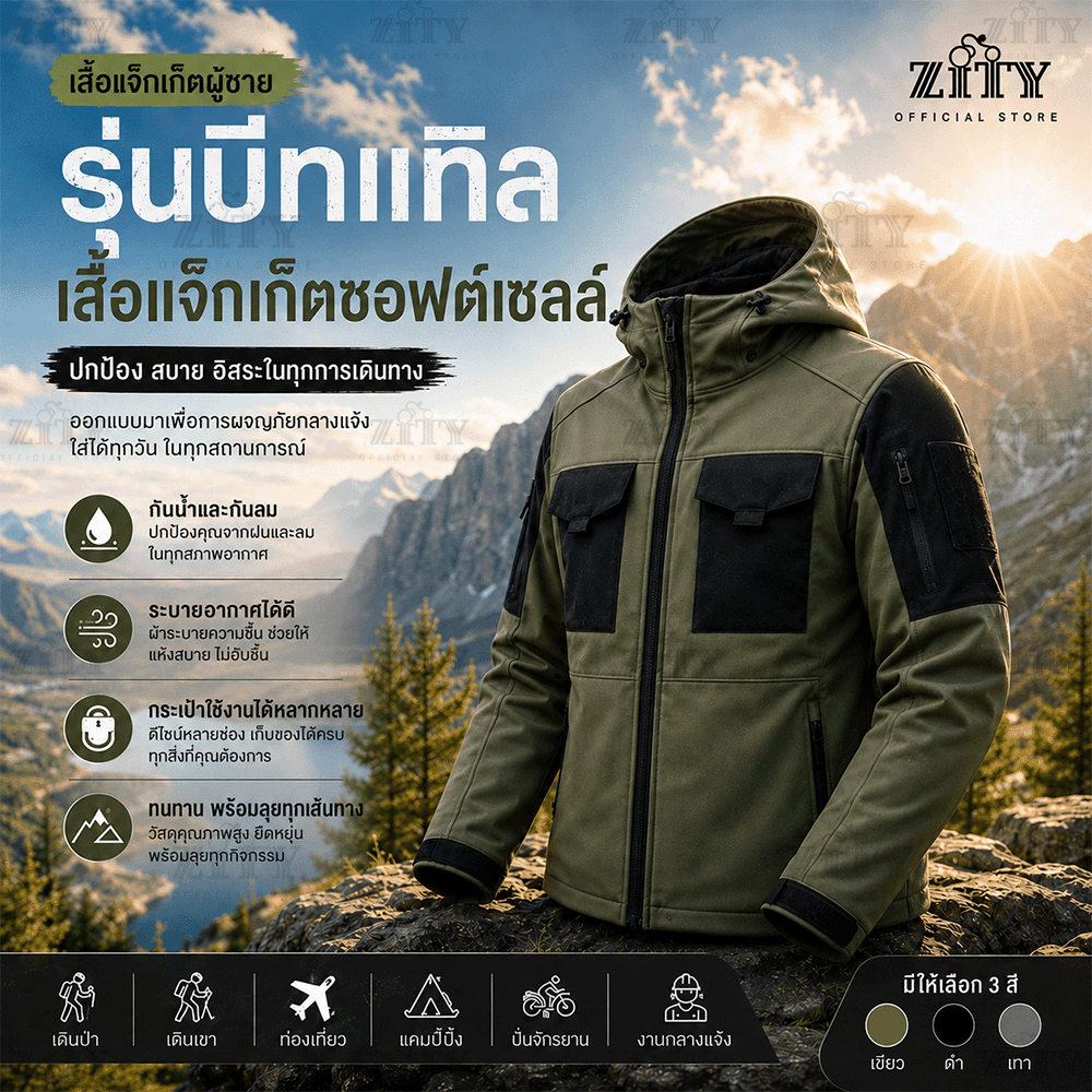 ZITY แจ็คเก็ตกันน้ำคุณภาพสูง เสื้อกันหนาวผู้ใหญ่แขนยาวสำหรับผู้ชาย เสื้อแจ็คเก็ตผู้ชาย ผ้านุ่ม เสื้อแจ็คเก็ตกันลมราคาถูก — صورة 6