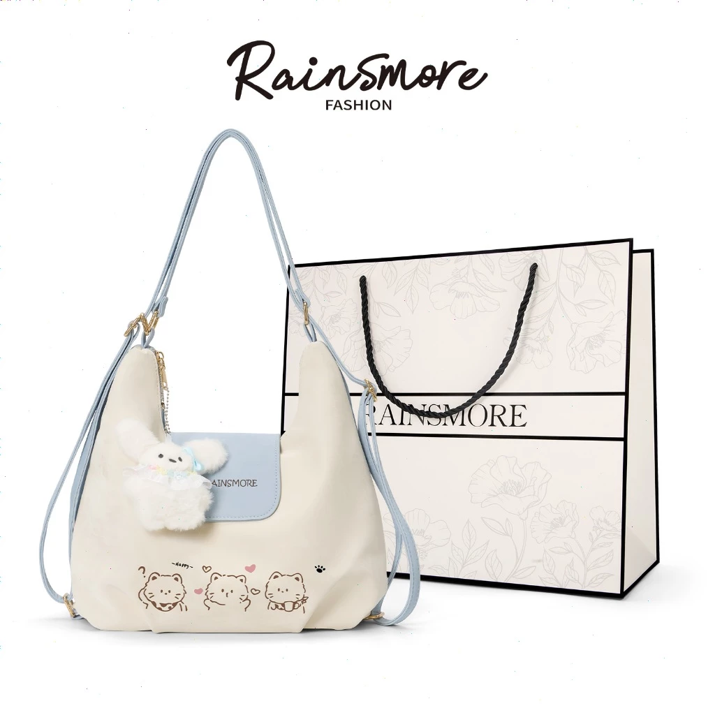 กระเป๋าสะพายข้างผู้หญิง RAINSMORE ทรงโฮโบ ลายแมว