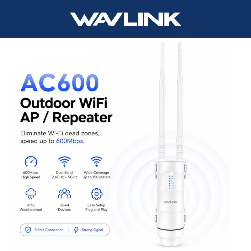 WAVLINK AC600 จุดเชื่อมต่อกลางแจ้ง Dual Band 2.4GHz 150Mbps + 5GHz 433Mbps IP67 กันน้ํา PoE 2x7dBi เ
