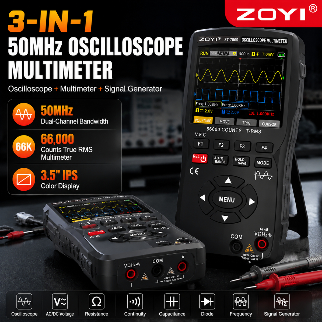 ZOYI ZT-706S 3in1 Digital Multimeter Oscilloscope 50MHz Dual Channel 66000 Counts Signal Generator