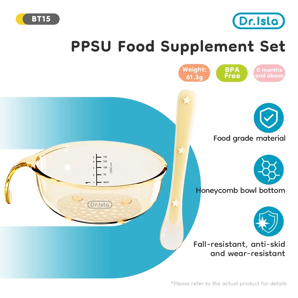 Dr.isla จานข้าวเด็ก ช้อนกินข้าวเด็ก PPSU ชามอาหารเสริมเด็ก Food Grade BPA Free ทนร้อน เข้าไมโครเวฟได้ มีสเกล รุ่น BT15