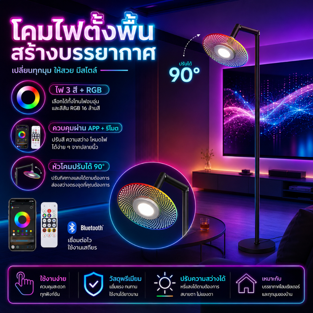 NHLS โคมไฟตั้งพื้น LED บรรยากาศ รองรับ RGB หลายสี และ 3 โหมดแสงธรรมชาติ ควบคุมด้วยบลูทูธ แอปพลิเคชัน และรีโมทคอนโทรล สำหรับตกแต่งบ้าน