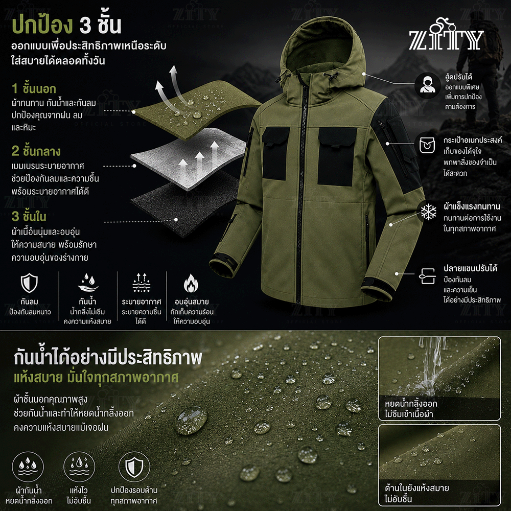 ZITY แจ็คเก็ตกันน้ำคุณภาพสูง เสื้อกันหนาวผู้ใหญ่แขนยาวสำหรับผู้ชาย เสื้อแจ็คเก็ตผู้ชาย ผ้านุ่ม เสื้อแจ็คเก็ตกันลมราคาถูก — صورة 2