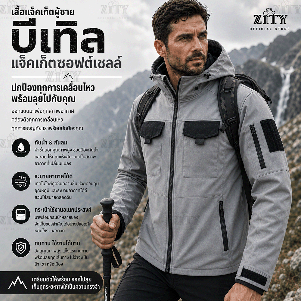 ZITY แจ็คเก็ตกันน้ำคุณภาพสูง เสื้อกันหนาวผู้ใหญ่แขนยาวสำหรับผู้ชาย เสื้อแจ็คเก็ตผู้ชาย ผ้านุ่ม เสื้อแจ็คเก็ตกันลมราคาถูก — صورة 8