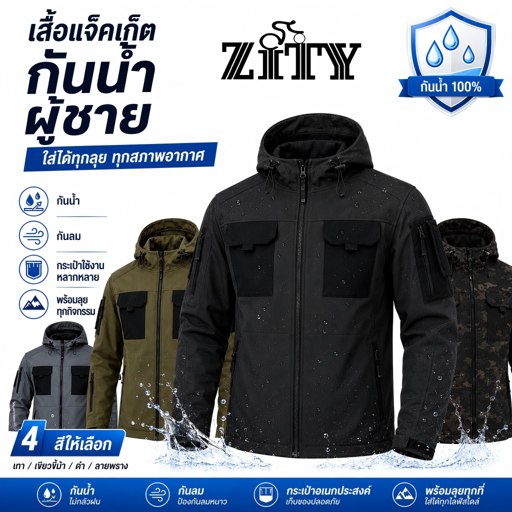 ZITY แจ็คเก็ตกันน้ำคุณภาพสูง เสื้อกันหนาวผู้ใหญ่แขนยาวสำหรับผู้ชาย เสื้อแจ็คเก็ตผู้ชาย ผ้านุ่ม เสื้อแจ็คเก็ตกันลมราคาถูก