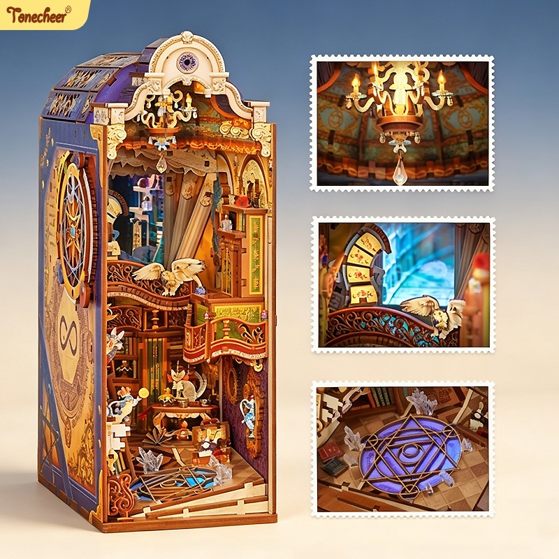 Tonecheer DIY Book Nook ตัวต่อไม้ 3D Booknook LED Miniature House Kit พร้อมฝาครอบกันฝุ่น [Magical Li