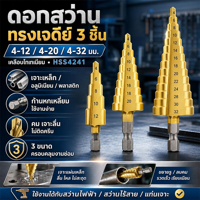 ดอกสว่านทรงเจดีย์ ชุดดอกสว่าน 3 ชิ้น ขนาด 4-32mm StepDrill HSS ชุบไทเทเนียม สำหรับเจาะขยาย คว้านรู หลายขนาด