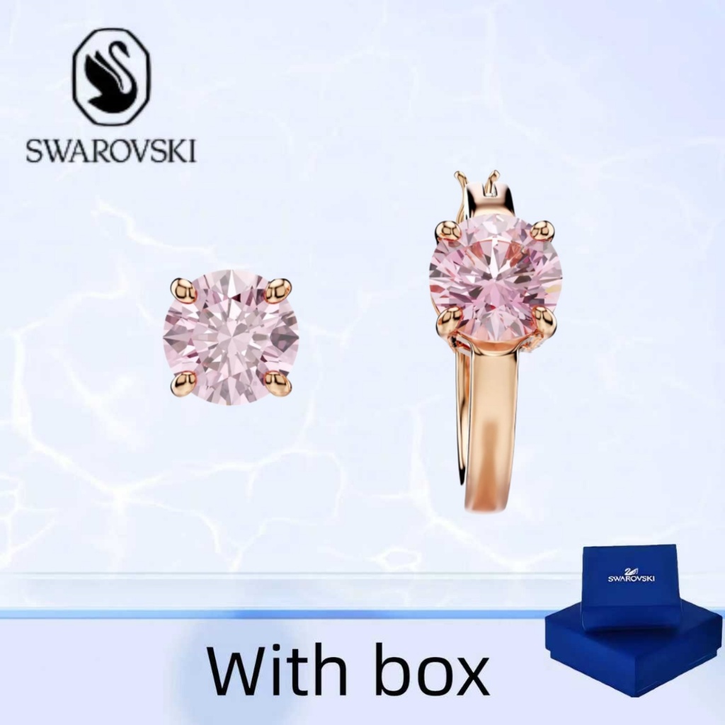 Swarovski (พร้อมกล่อง) ซื้อต่างหูเครื่องประดับเงินแท้ Swarovski Connexus ต่างหูดีไซน์ไม่สมมาตรสีชมพู