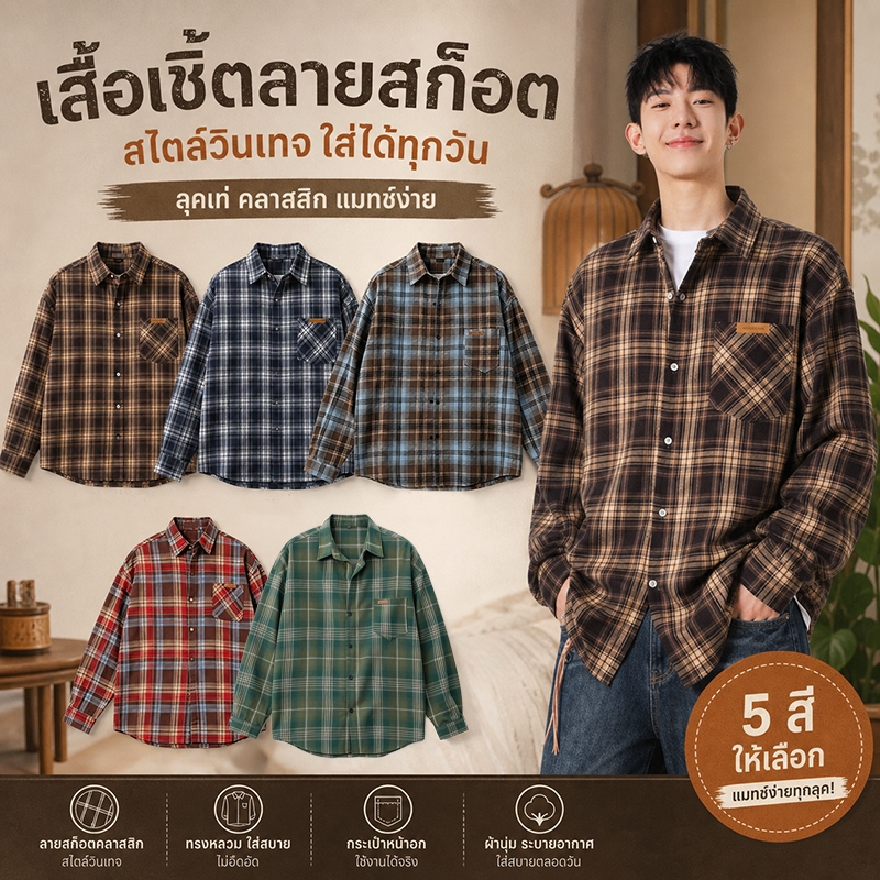【MAKI】 เสื้อเชิ้ตลายสก๊อต แขนยาว สไตล์อเมริกันวินเทจ ทรงหลวม ผ้าฟลีซ ใส่สบาย คลาสสิกและเข้ากับทุกสไตล์ มีหลายสีให้เลือก ใส่ได้ทั้งชายและหญิง