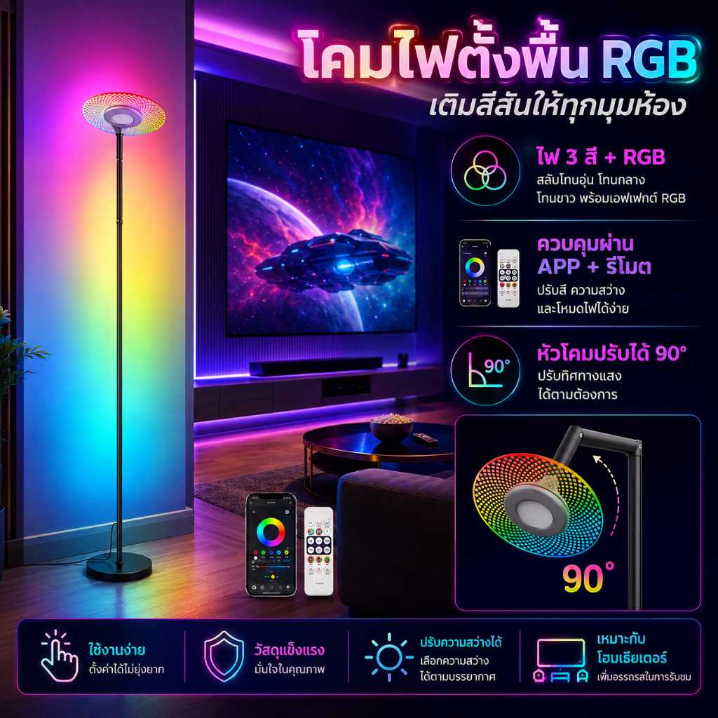 NHLS โคมไฟตั้งพื้น RGB สําหรับห้องนั่งเล่นโคมไฟยืนอัจฉริยะรองรับ แอป รีโมทคอนโทรลเหมาะสําหรับห้องนอนสํานักงานและฉากอ่าน