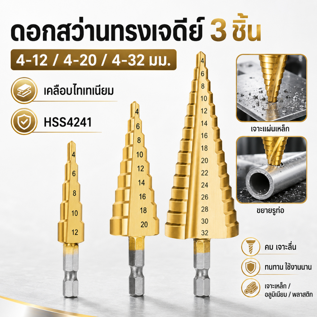 ดอกสว่านทรงเจดีย์ 3 ดอก เคลือบไทเทเนียม HSS ดอกสว่าน Step Drill เจาะได้หลายขนาด ชุดสว่านเจดีย์ 3 in 1 ขนาด 4-32 mm