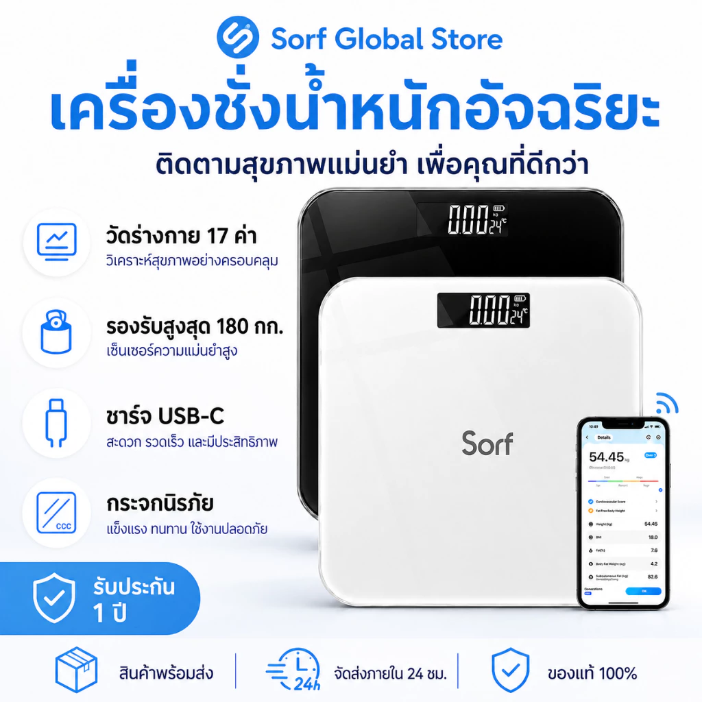 Sorf ตาชั่งดิจิตอล 180kg เครื่องชั่งน้ำหนัก เชื่อมต่อแอปผ่าน Bluetooth Weight Scale จอ LED กระจกเทมเปอร์ USB-C