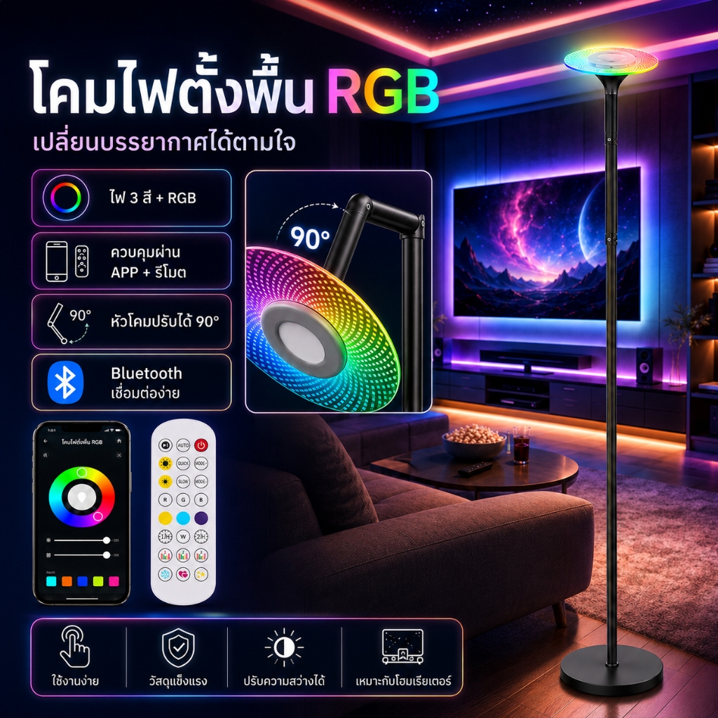 NHLS โคมไฟตั้งพื้น RGB LED บรรยากาศ หลายสี 16 ล้านสี ควบคุมบลูทูธ+แอป+รีโมท ไฟเต้นตามเพลง สำหรับห้องเกม ปาร์ตี้