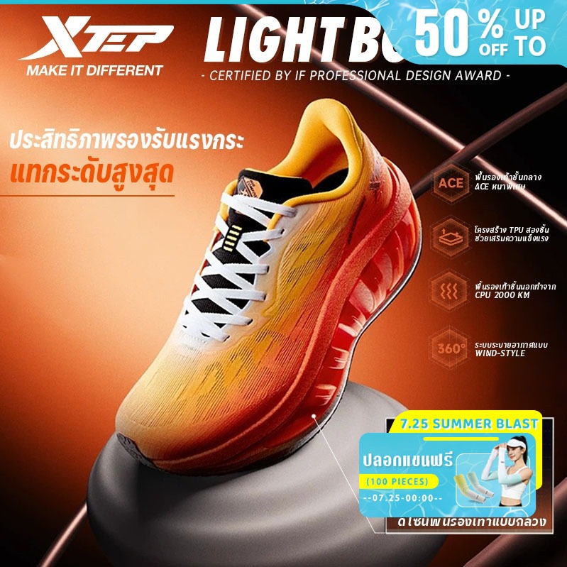 XTEP Light Boat Ultra รางวัลออกแบบ Red Dot ของเยอรมนี รองเท้าวิ่งกันกระแทกมีกระดูกงูแบบเจาะรู พื้นหนาพิเศษรองรับอุ้งเท้า รองเท้าวิ่งสบายสำหรับฟื้นฟู