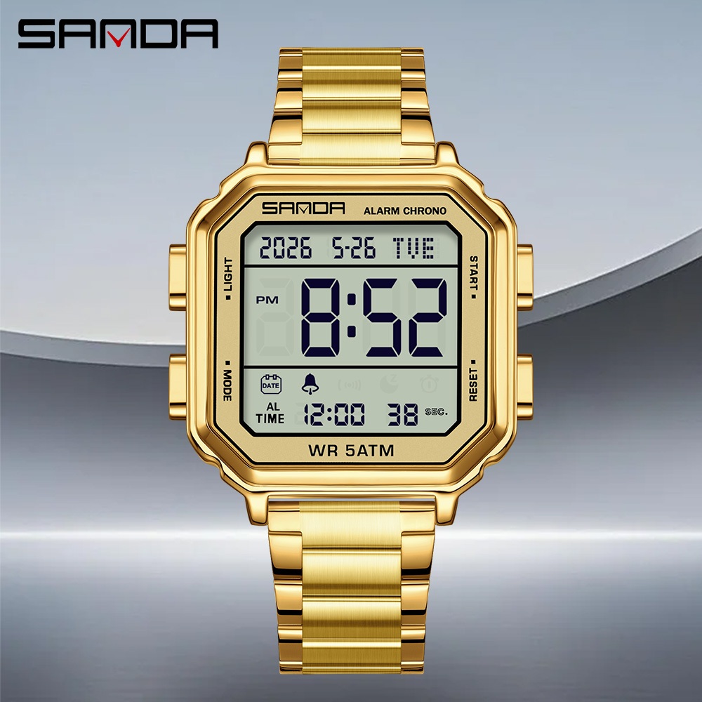 SANDA 6379 นาฬิกาข้อมือแฟชั่นผู้ชาย ระบบดิจิทัล มีไฟส่องสว่าง พร้อมปฏิทิน จับเวลา ปลุก สําหรับกีฬา ร