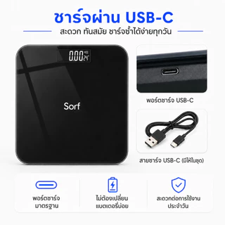 Sorf ตาชั่งดิจิตอล 180kg เครื่องชั่งน้ำหนัก เชื่อมต่อแอปผ่าน Bluetooth Weight Scale จอ LED กระจกเทมเปอร์ USB-C