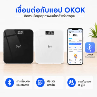 Sorf ตาชั่งดิจิตอล 180kg เครื่องชั่งน้ำหนัก เชื่อมต่อแอปผ่าน Bluetooth Weight Scale จอ LED กระจกเทมเปอร์ USB-C