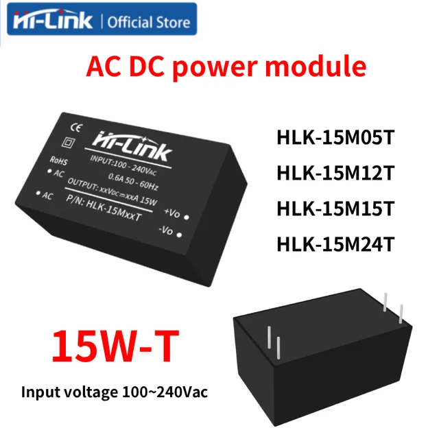 โมดูลไฟ ACDC 5 ชิ้น/Hi-link 15W, 15M05T/15M12T/15M15T/15M24T, 220V ถึง 5V, 9V, 12V, 24V แยกสเต็ปดาวน