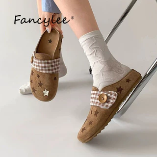 FANCYLEE BIRKENSTOCK สไลด์ปิดหัวลายสก๊อตสำหรับผู้หญิง พื้นนิ่มสวมใส่ง่าย