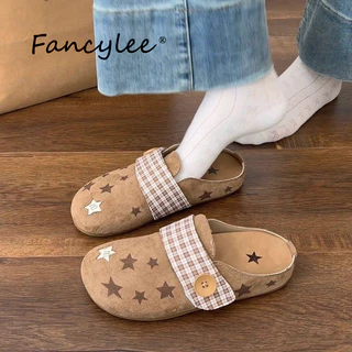 FANCYLEE BIRKENSTOCK สไลด์ปิดหัวลายสก๊อตสำหรับผู้หญิง พื้นนิ่มสวมใส่ง่าย