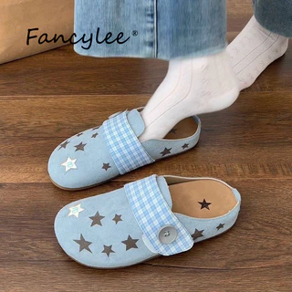 FANCYLEE BIRKENSTOCK สไลด์ปิดหัวลายสก๊อตสำหรับผู้หญิง พื้นนิ่มสวมใส่ง่าย