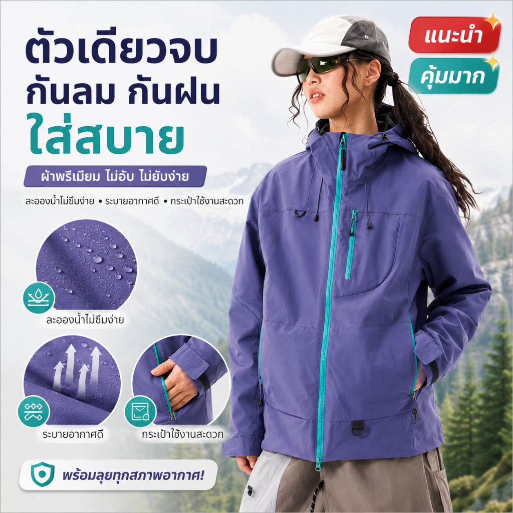 แจ็คเก็ตผ้าร่ม กันลม กันแดด กันน้ำ เสื้อแจ็คเก็ตชายหญิง เนื้อผ้า 2 ชั้น มีฮู้ด มีกระเป๋าหน้า ซิปซ่อน