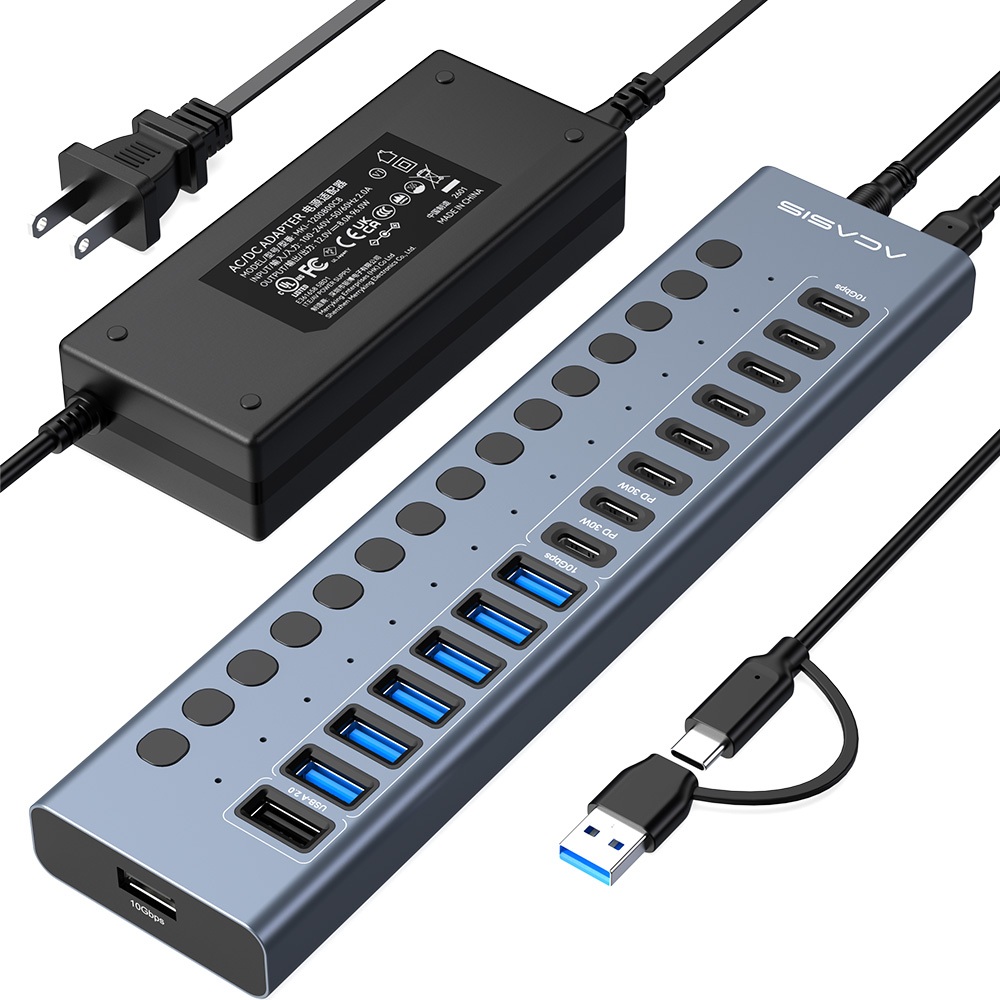 ACASIS 16 พอร์ต 10Gpbs USB3.2 Hub 8 * USB-A & 8 * USB-C รองรับ Dual PD 30W Fast Charging พร้อม 20V7.5A อะแดปเตอร์อลูมิเนียม Type-C Splitter สําหรับ Macbook อุปกรณ์เสริมเดสก์ท็อป